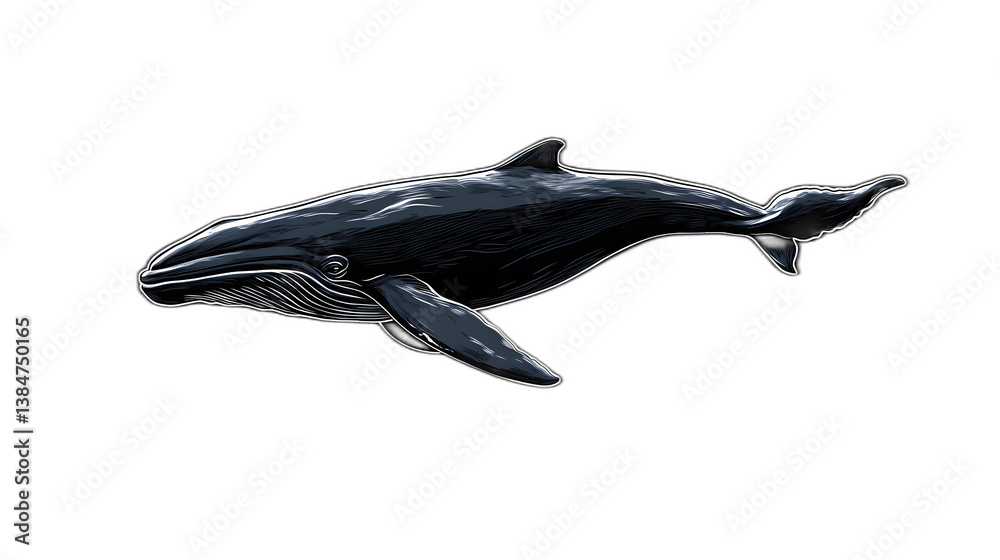 Fototapeta premium Hand-drawn illustration of a whale swimming placed against a solid black background