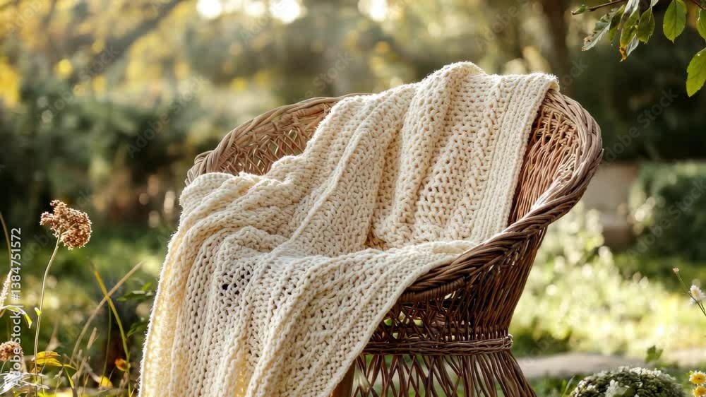 Cozy knit blankets draped over a wicker chair basking in warm sunlight, Cozy knit blankets draped over wicker chair in sunlit outdoor setting