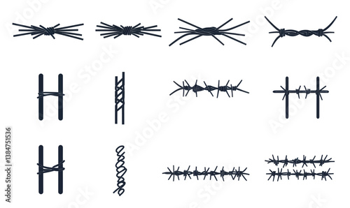 Barbed Wire Icons Set: Minimalist SVG Vector Illustrations for Security and Danger Concepts