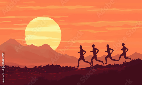Minimalist Marathon Sunset with Runners in Scenic Landscape Vector Illustration