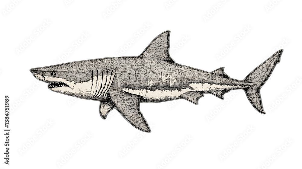 Naklejka premium Hand-drawn illustration of a shark placed against a solid black background