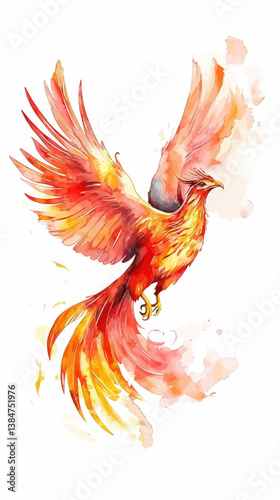 Vibrant Phoenix in Flight Watercolor Digital Art Depicting Rebirth and Renewal