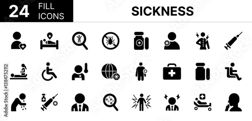 Collection of 24 Sickness fill icons featuring editable strokes. These outline icons depict various modes of Sickness, disease, disability, inflammation, injury, mask, medication, medicine, pain, pati