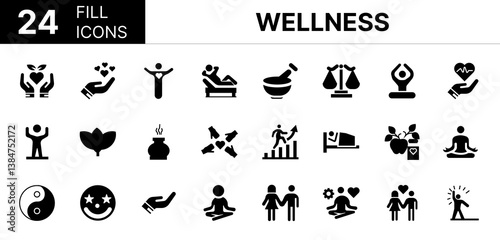 Collection of 24 Wellness fill icons featuring editable strokes. These outline icons depict various modes of Wellness, balance, exercise, goal, growth, management, 