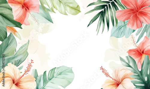 Tropical Watercolor Banner with Hibiscus and Leaves in Minimalist Style for Summer Themes