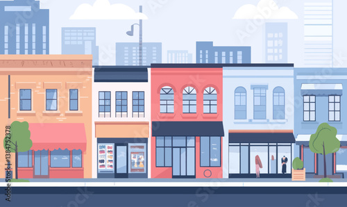 Minimalist Urban Street Shops Vector Illustration with Skyline and Trees