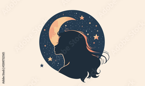 Silhouette of Woman with Moon and Stars in Minimalist Vector T-shirt Design SVG