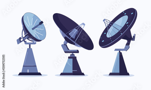 Minimalist Cartoon Satellite Dishes Set for Wireless Communication and TV Antennas Vector