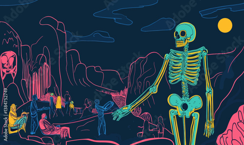 Surreal Minimalist Skeleton Scene: People Interacting in Vibrant Vector Art