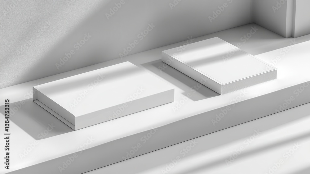 Fototapeta premium Blank product boxes on a shelf, sunlit