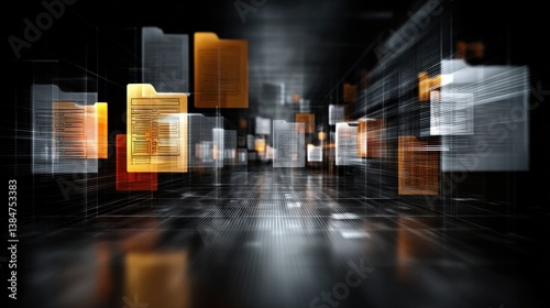 Abstract network grid with files and folders, futuristic software interface, digital document management system, store, search and organize documents, corporate business, paperless office	
