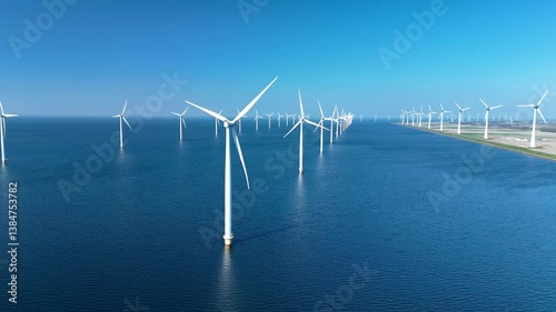 Dramatic aerial view of an offshore wind farm in the North Sea near the Netherlands. Rows of towering wind turbines harnessing wind energy on clear sunny days promote eco-friendly power solutions.