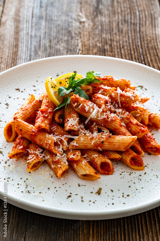 Penne noodles with tomato sauce and parmesan cheese served on wooden table