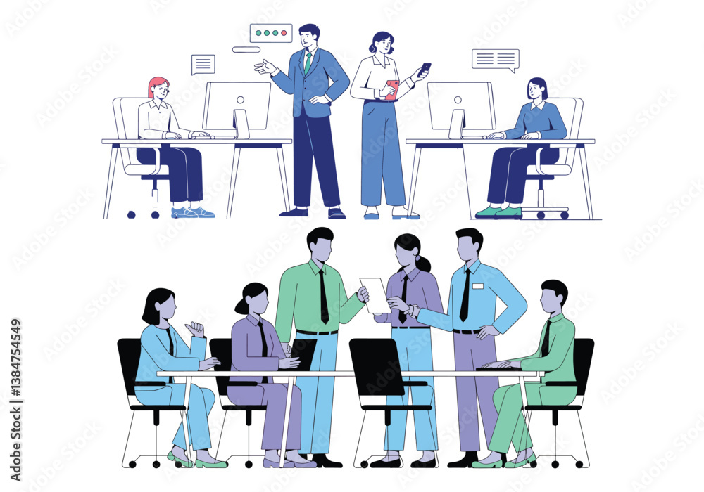 Business team collaborating and communicating in the office vector illustration Business team collaborating and communicating in the office vector illustration