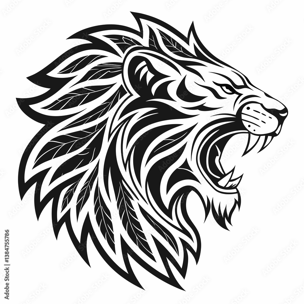Obraz premium lion head tattoo, Roaring Tribal Lion Head Vector Art – Bold Black Tattoo Design
