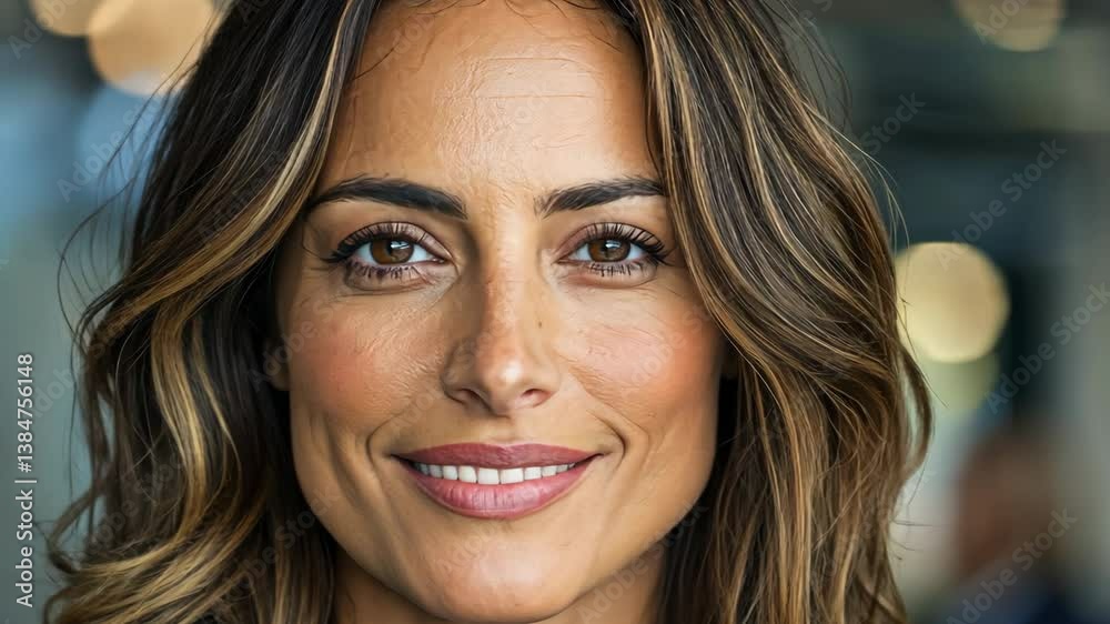 Bright and cheerful portrait of smiling woman with wavy hair in modern setting. Bright and cheerful portrait of smiling woman with wavy hair in modern setting.