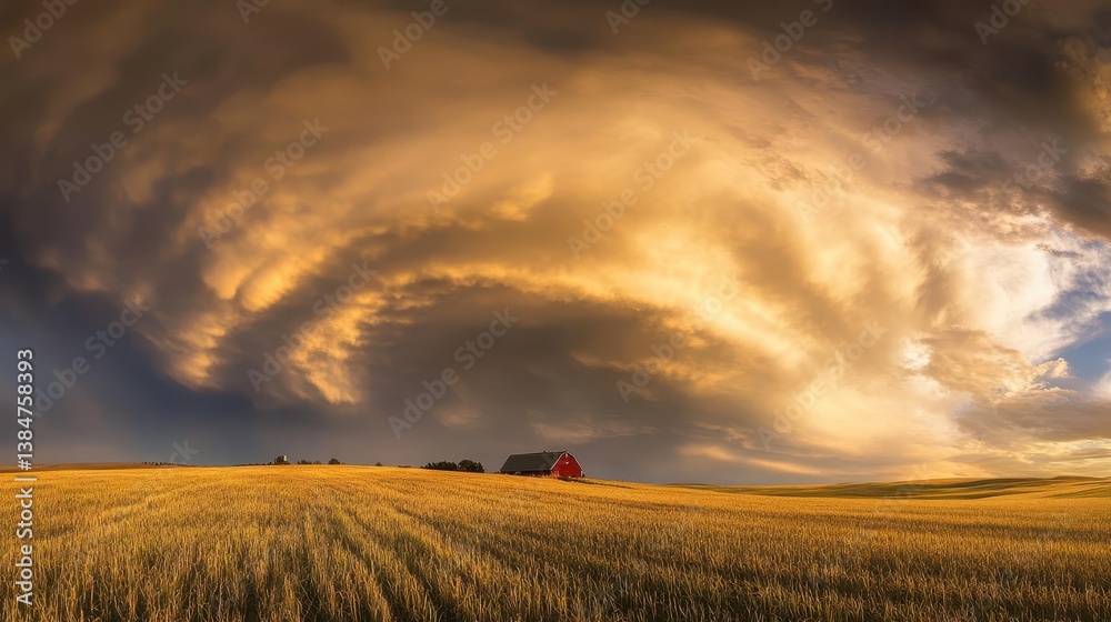 Fototapeta premium Expansive Wheat Field Under Dramatic Cloudy Sky at Sunset