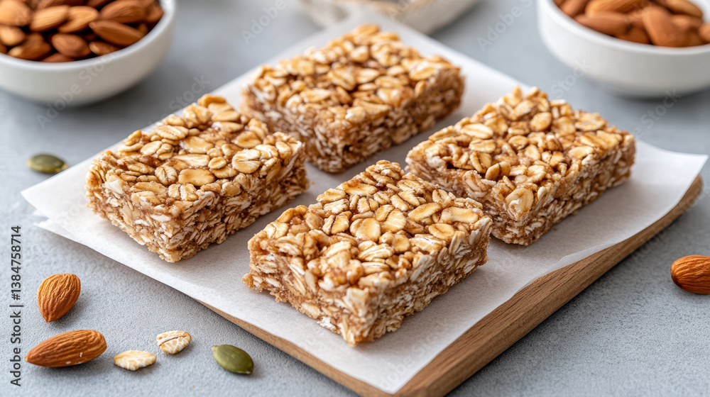 Homemade granola bars with oats and almonds, perfect for healthy snack Homemade granola bars with oats and almonds, perfect for healthy snack