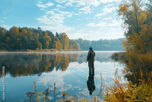 Fototapeta Naklejka Na Ścianę i Meble -  Person fishing at a calm lake surrounded by autumn foliage in the morning light