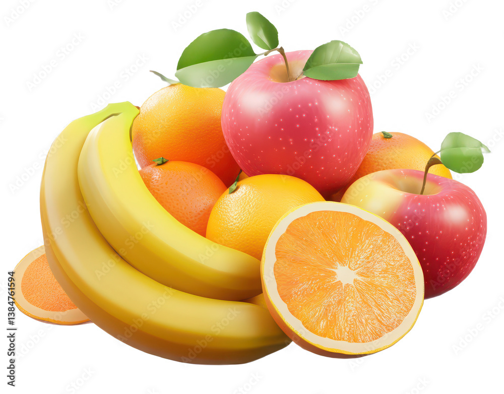 Fruit pile with apples bananas and oranges isolated on a transparent background Fruit pile with apples bananas and oranges isolated on a transparent background