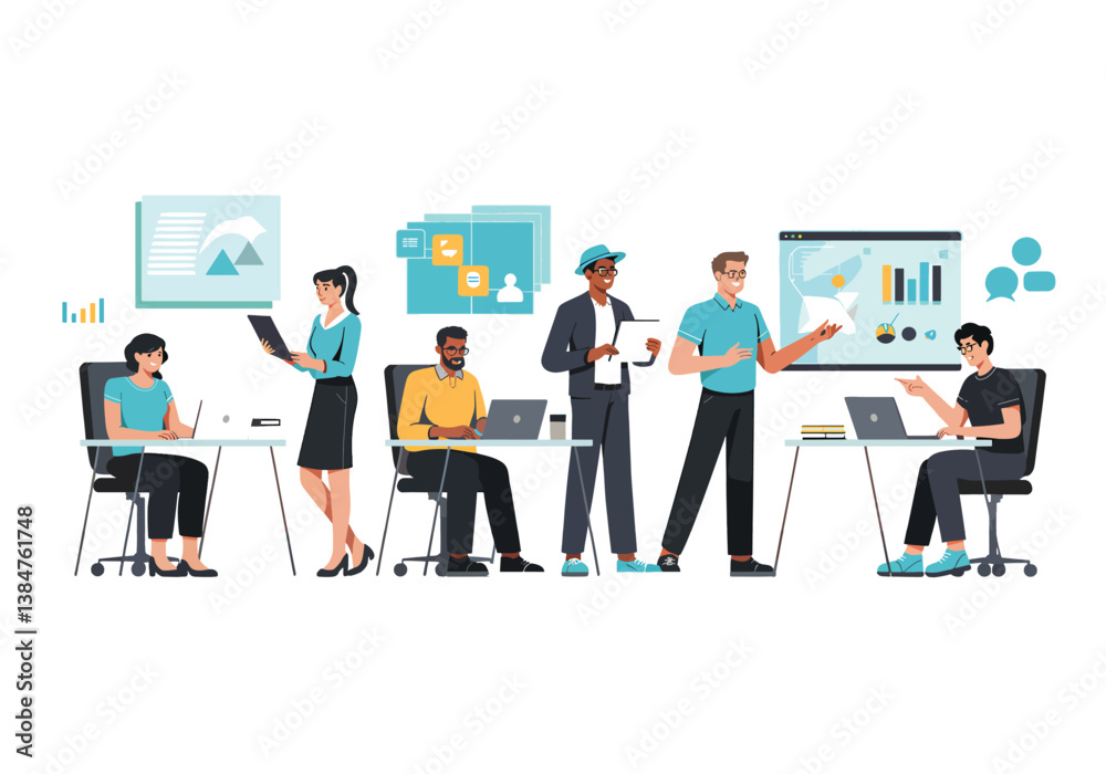 Business team collaborating on data analysis and project planning in the office vector illustration Business team collaborating on data analysis and project planning in the office vector illustration