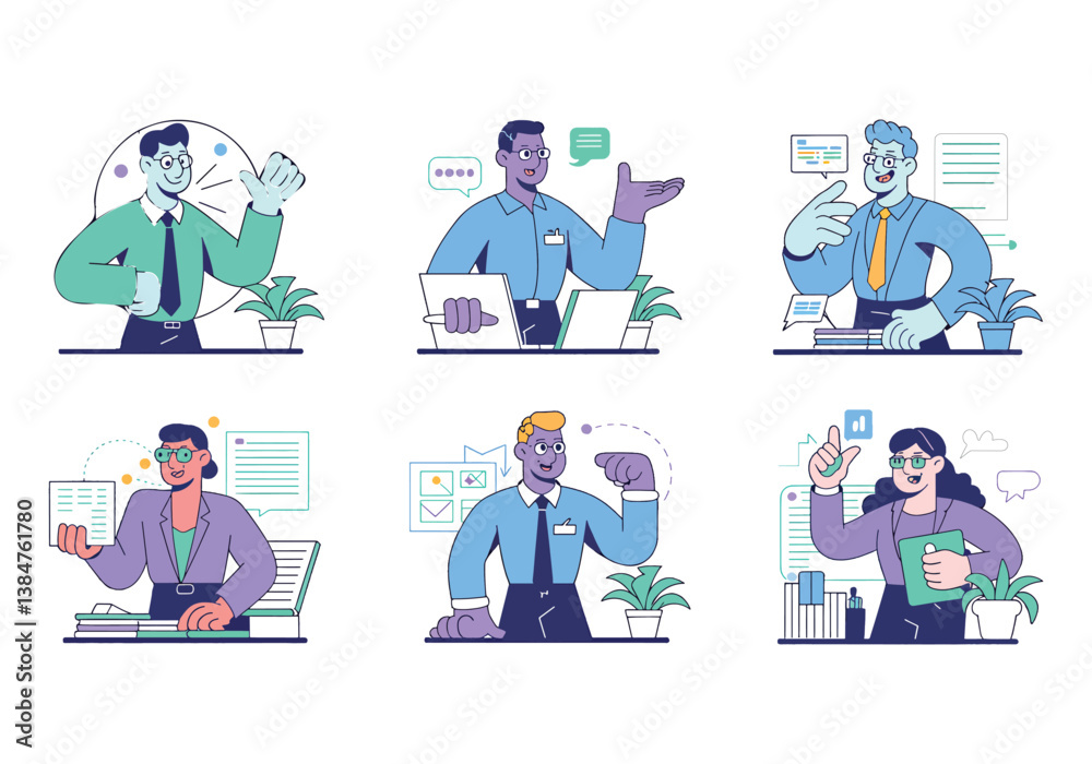 Business professionals presenting data and ideas using digital tools vector illustration Business professionals presenting data and ideas using digital tools vector illustration