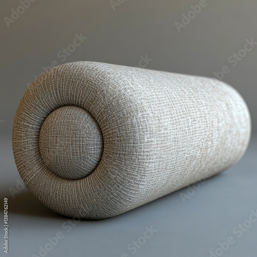 A cylindrical pillow with a circular end detail on a surface