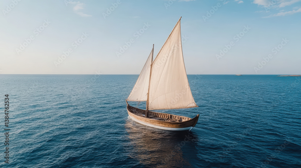 Fototapeta premium Sailing boat gliding across calm waters under clear sky, evoking tranquility and adventure