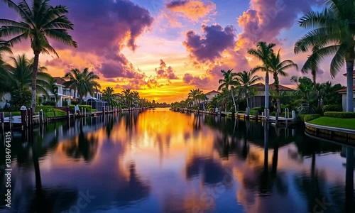 Sunset Canal Paradise: Vibrant Colors and Tranquil Reflections