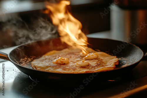 Chef flambeing crepe suzette with orange sauce in frying pan