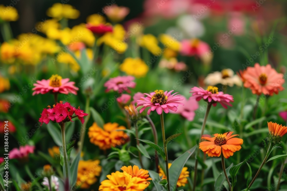 Bright zinnias blooming in a vibrant garden during a sunny afternoon Bright zinnias blooming in a vibrant garden during a sunny afternoon