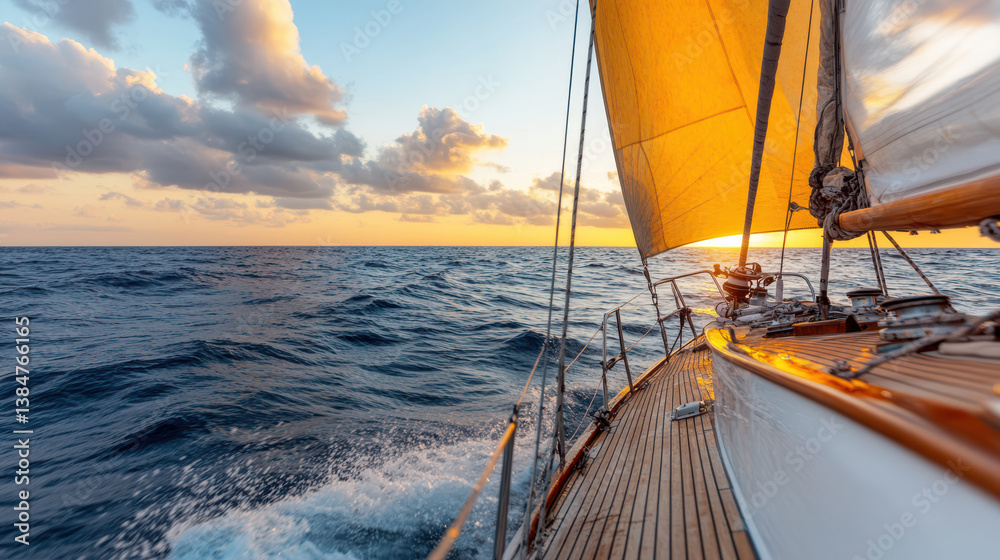 Fototapeta premium Sailing boat gliding through waves at sunset, creating serene atmosphere
