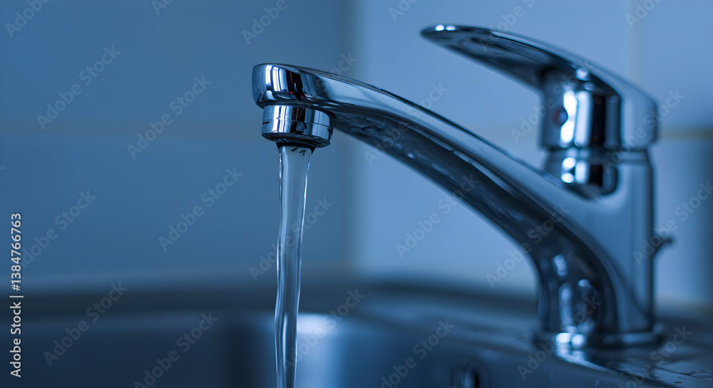 Chrome Faucet Flowing Water in a Clean Bathroom Setting with Stainless Steel Fixtures and a Modern Plumbing Chrome Faucet Flowing Water in a Clean Bathroom Setting with Stainless Steel Fixtures and a Modern Plumbing