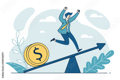Happy Businessman Balancing on Seesaw with Giant Dollar Coin – Financial Success, Risk and Reward Concept