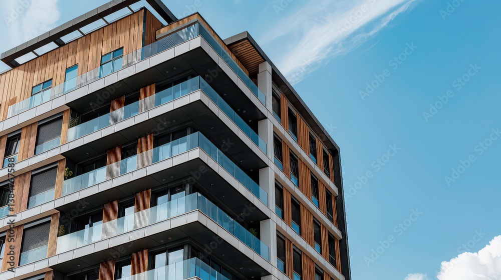 Fototapeta premium A modern residential building with innovative exterior design, showcasing a balance between urban and natural elements 