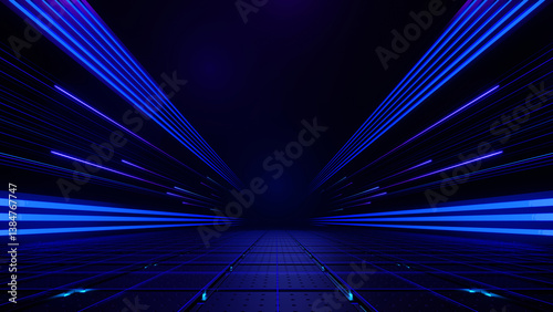 Fototapeta Naklejka Na Ścianę i Meble -  3d render, Abstract blue neon light beams in futuristic digital tunnel with grid floor background