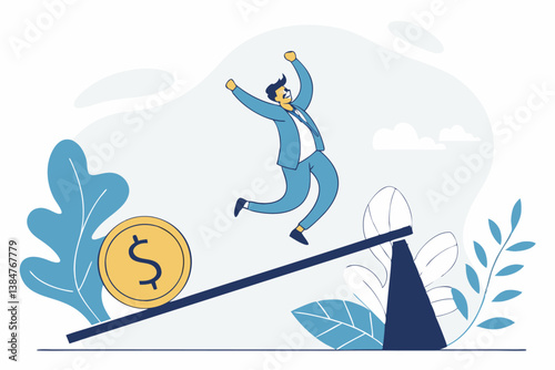 Happy Businessman Balancing on Seesaw with Giant Dollar Coin – Financial Success, Risk and Reward Concept