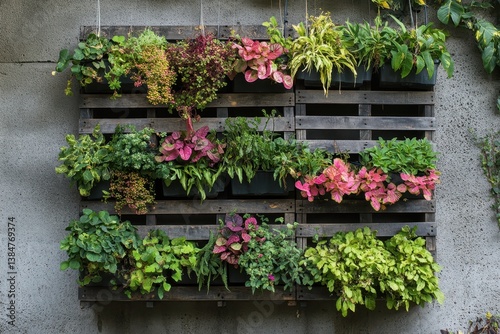 Wooden pallet vertical garden against concrete wall. Showcases sustainability and creative repurposing idea.