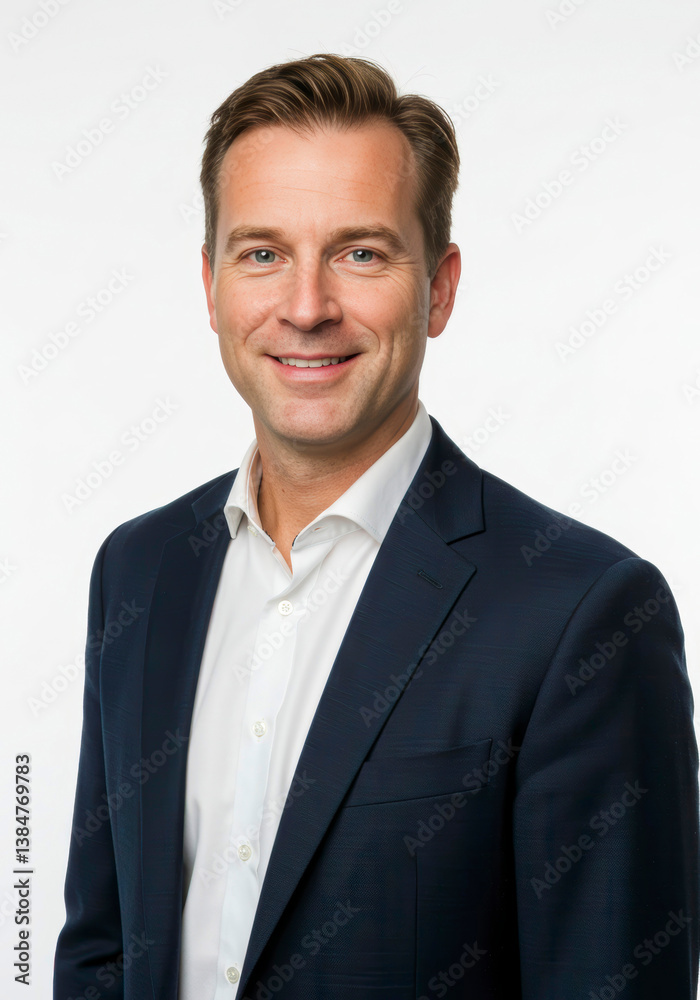 Mid adult attorney in a professional suit, radiating success and a friendly grin Mid adult attorney in a professional suit, radiating success and a friendly grin