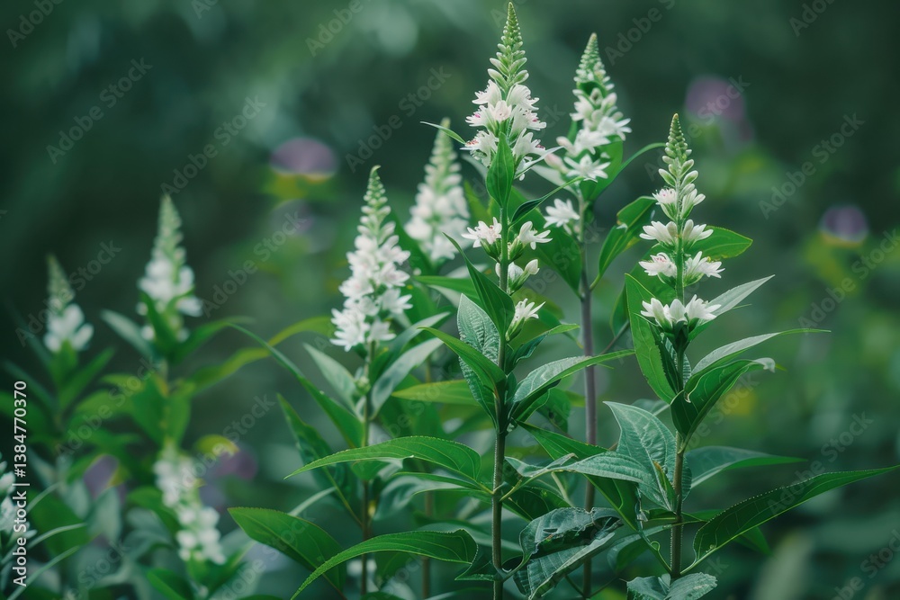 White flowering plants with green leaves in a lush garden on a sunny afternoon White flowering plants with green leaves in a lush garden on a sunny afternoon