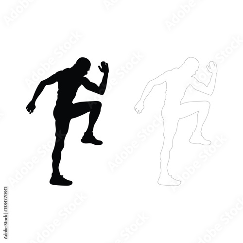 High Knees. Energetic afro man doing fitness exercise, lifting leg and waving arm, free space silhouette vector illustration. Fit African American Male Performing High-Knee Running Exercise.