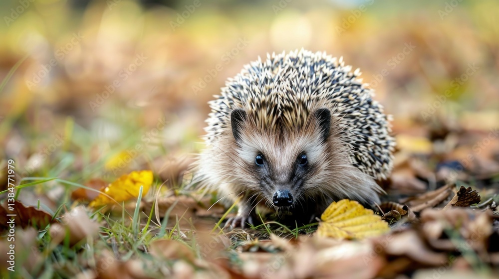 Fototapeta premium A lone hedgehog isolated in a natural environment. stock photo --ar 16:9 --style raw --v 6 Job ID: 38b7a3c3-57e9-4e35-8ccb-28cd131d3613