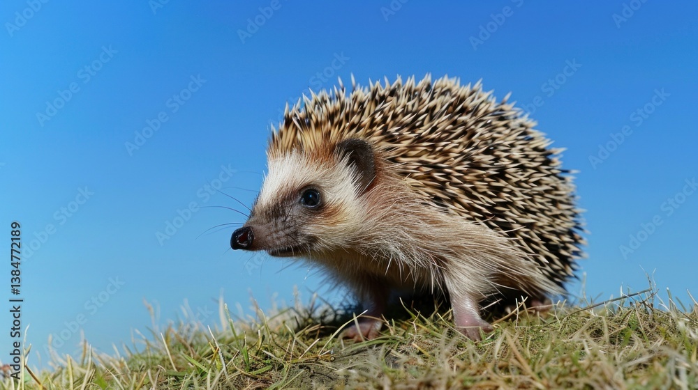 Fototapeta premium A single hedgehog isolated against a clear sky. stock photo --ar 16:9 --style raw --v 6 Job ID: e6d6bfc8-cad4-44aa-be3f-9f8c1021b923