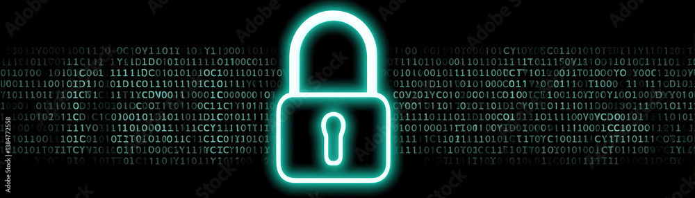 glowing neon padlock stands against digital binary code background, symbolizing cybersecurity and data protection glowing neon padlock stands against digital binary code background, symbolizing cybersecurity and data protection