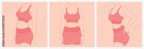 fitness icons set. Set Of Perfect slim toned young body of the girl. sporty woman in sportswear, shorts butt icons
