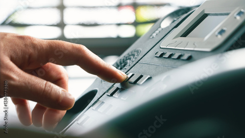 Fotografi Headset and dialing a telephone in call center office concept , call center and