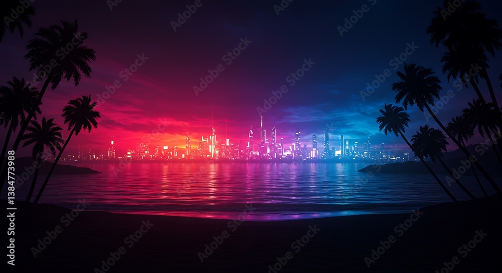 Fototapeta premium Neon Shores, Tropical Dreamscape AI Generated