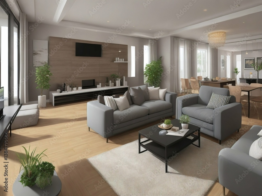 Fototapeta premium A large living room with a couch, two chairs, and a coffee table