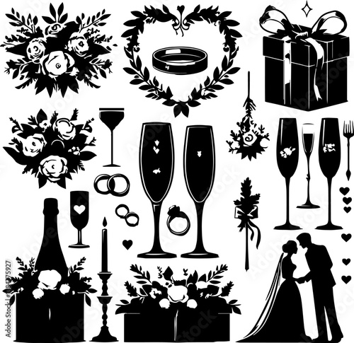 Wedding elements illustration featuring rings, flowers, and decorations  