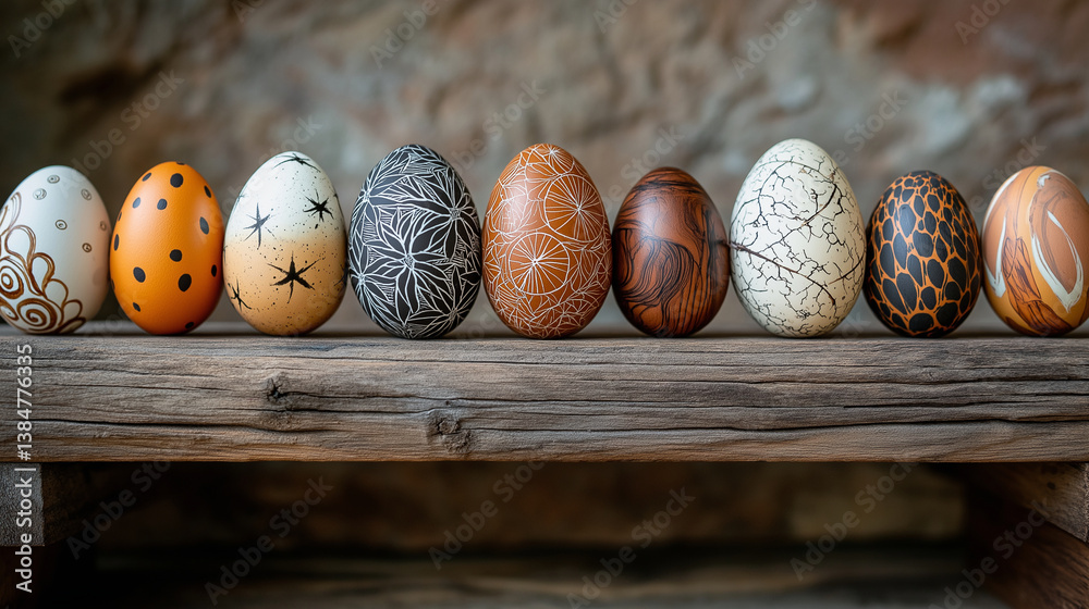 Fototapeta premium Woodland Wonders - A rustic wooden bench holds a collection of eggs designed with intricate nature-inspired patterns. 